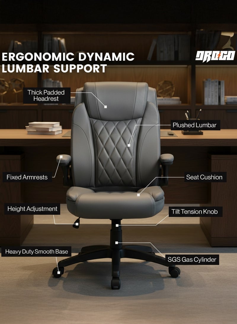 DROGO Ergonomic Premium Leatherette Office Chair for Work at Home, Computer Chair with Flip-Up Armrest, Height Adjustable Leather Seat, Cushioned Headrest, & Lumbar Support | Desk Chair with Multi Level Reclining Grey - Image 3